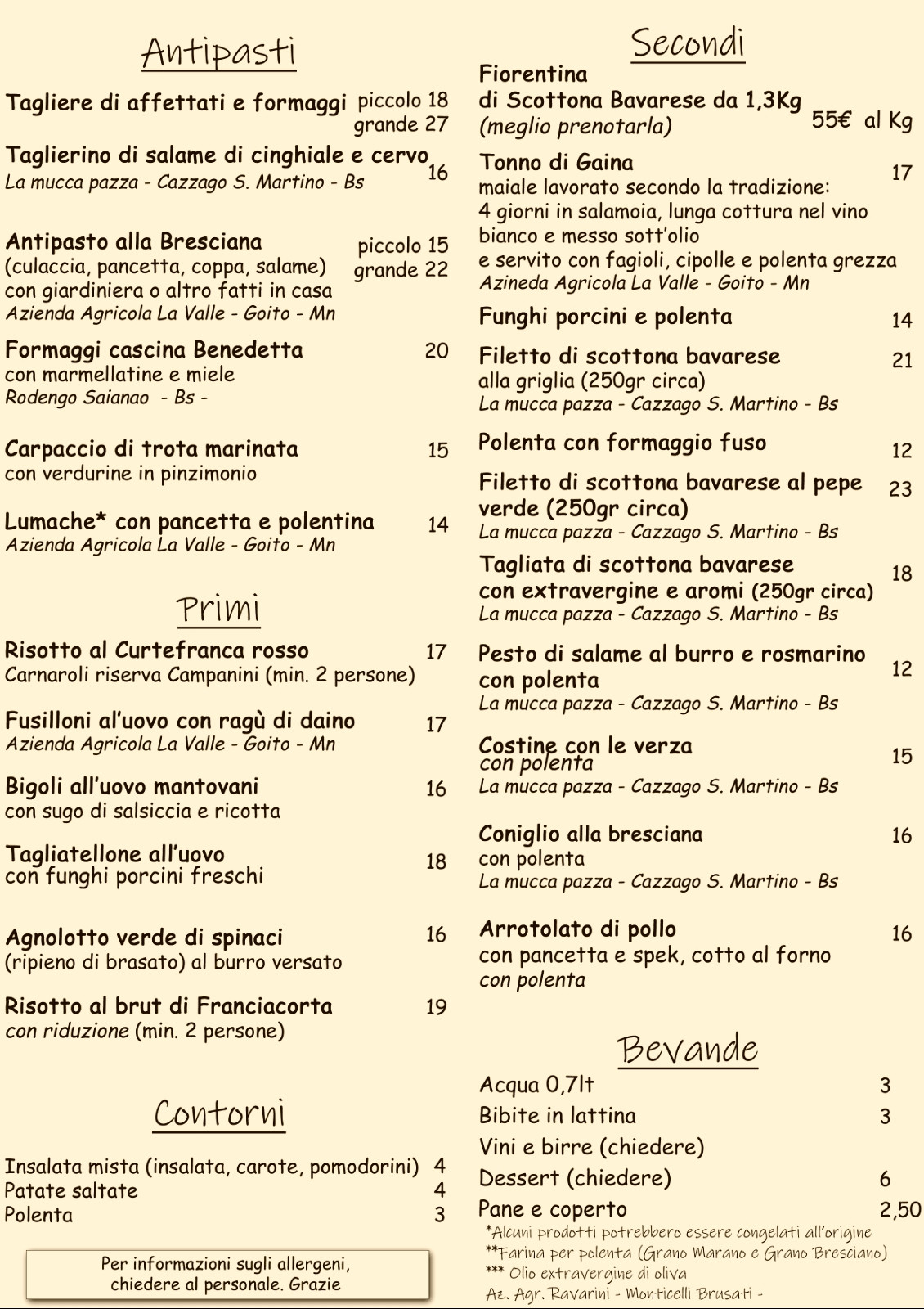 Antica Trattoria Gaina nuovo Menù 